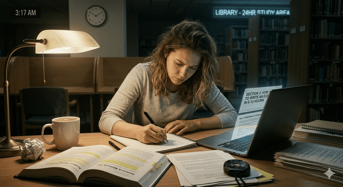 Student working late at night on laptop with books and coffee